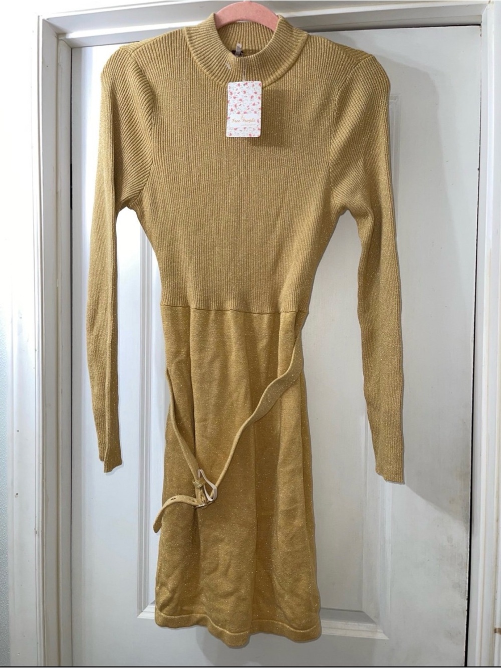 Free People "French Girl" Metallic Knit Sweater Mini Dress